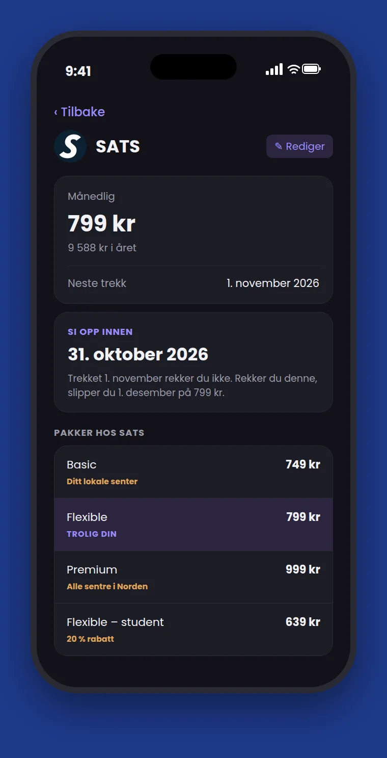 TrekkSjekk viser SATS: neste trekk 1. november, si opp innen 31. oktober for å slippe trekket 1. desember