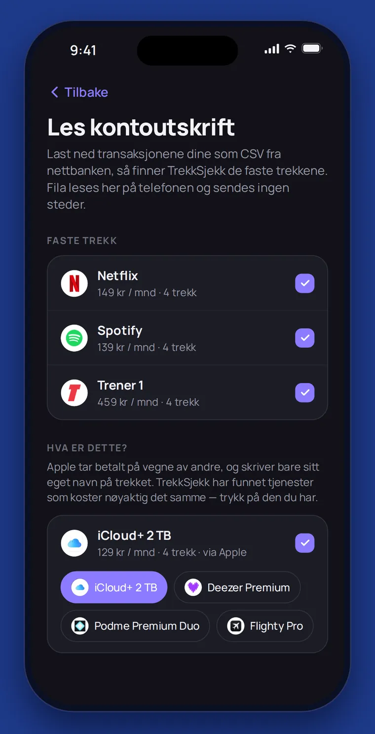 Faste trekk funnet i kontoutskriften: Netflix, Spotify, Trener 1 og iCloud+