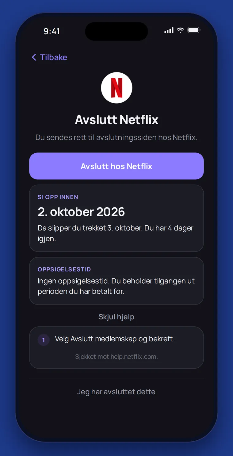 Avslutt Netflix: knapp til oppsigelsessiden og fristen