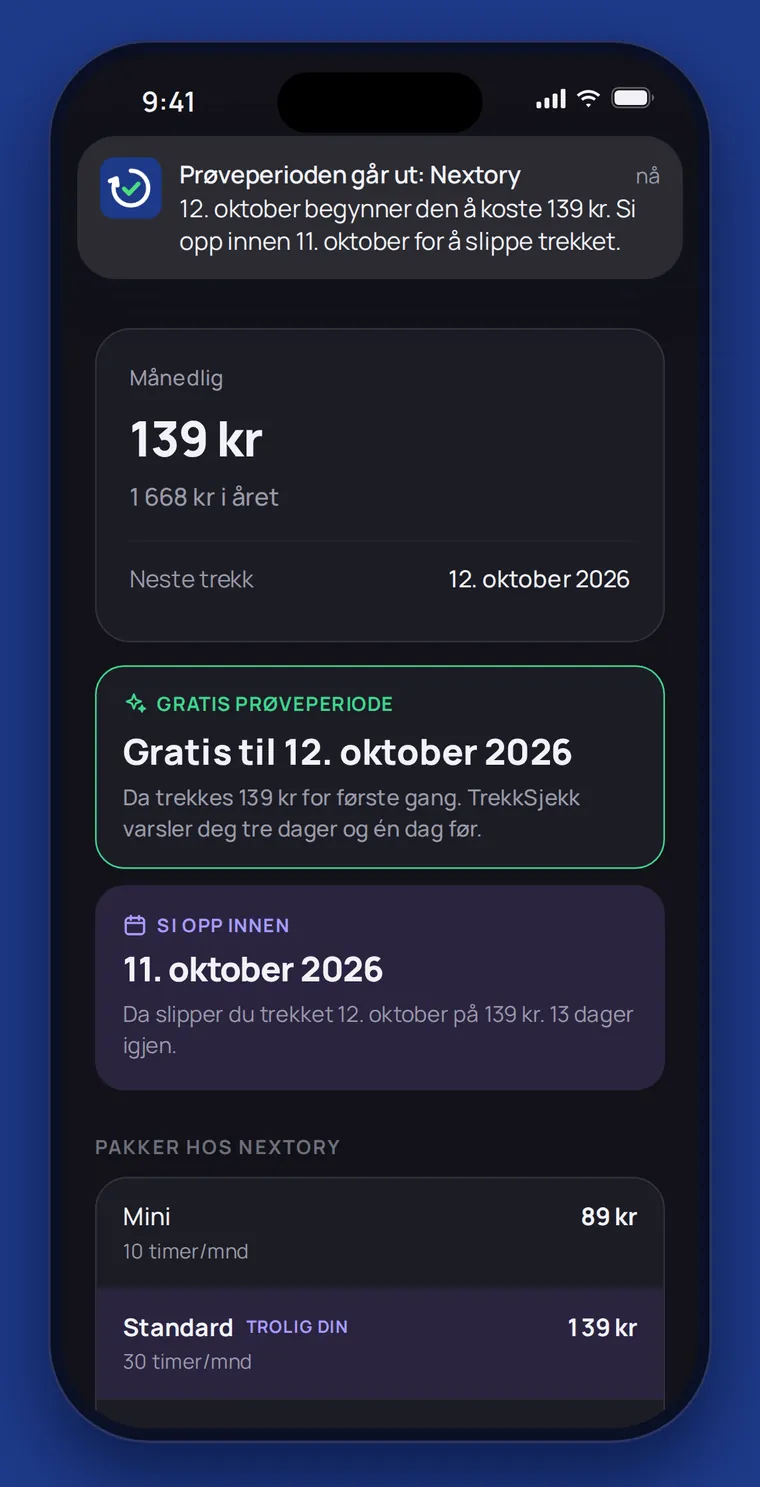 Varsel om at prøveperioden hos Nextory går ut, med frist for å si opp