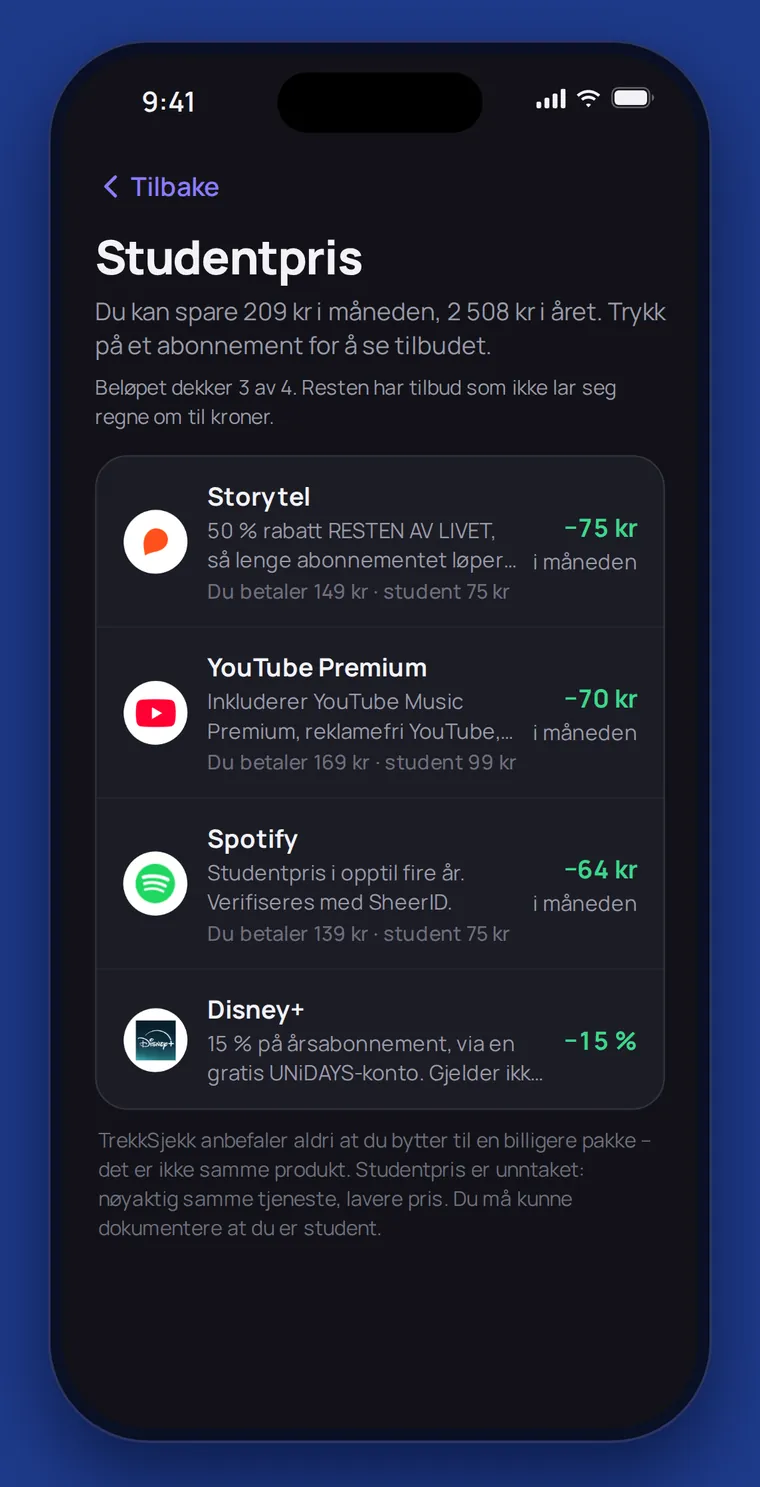 Studentpris-siden med Storytel, YouTube Premium, Spotify og Disney+